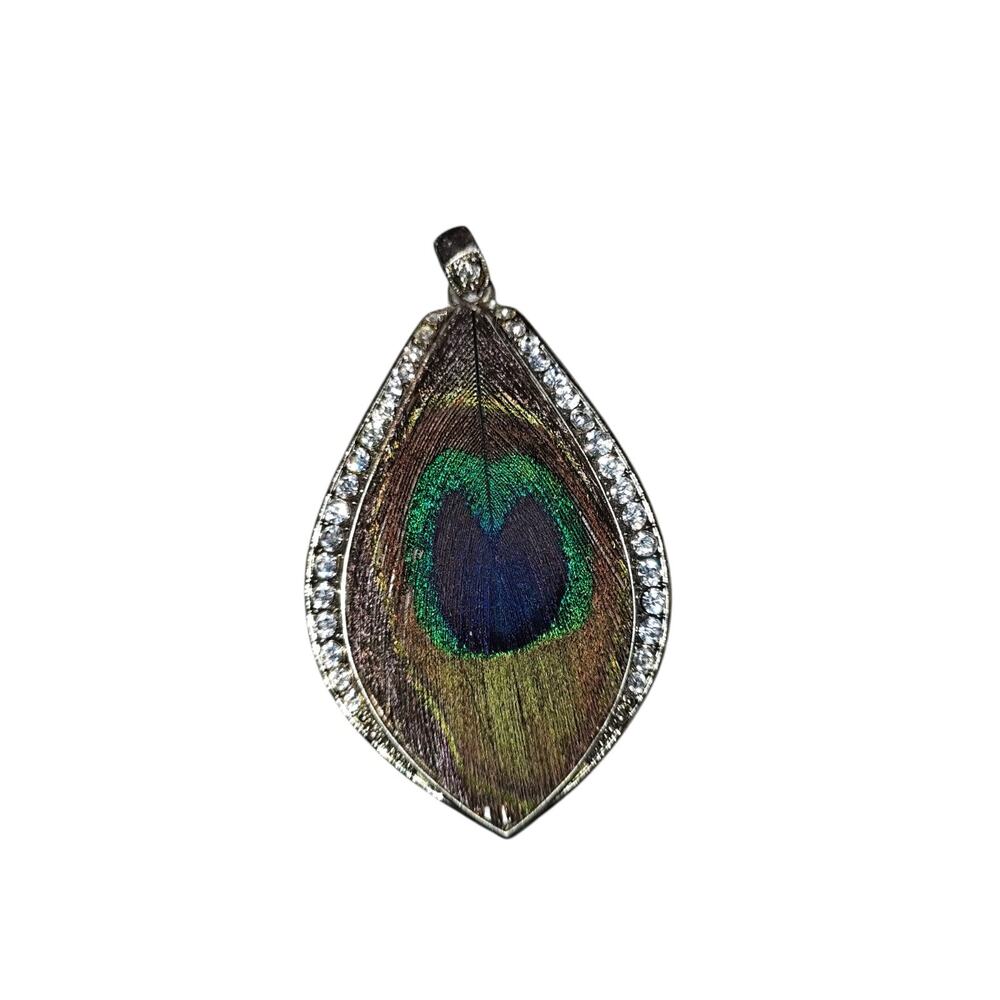 PEACOCK FEATHER PENDANT NECKLACE Vtg SILVER TONE RHINESTONES No Chain